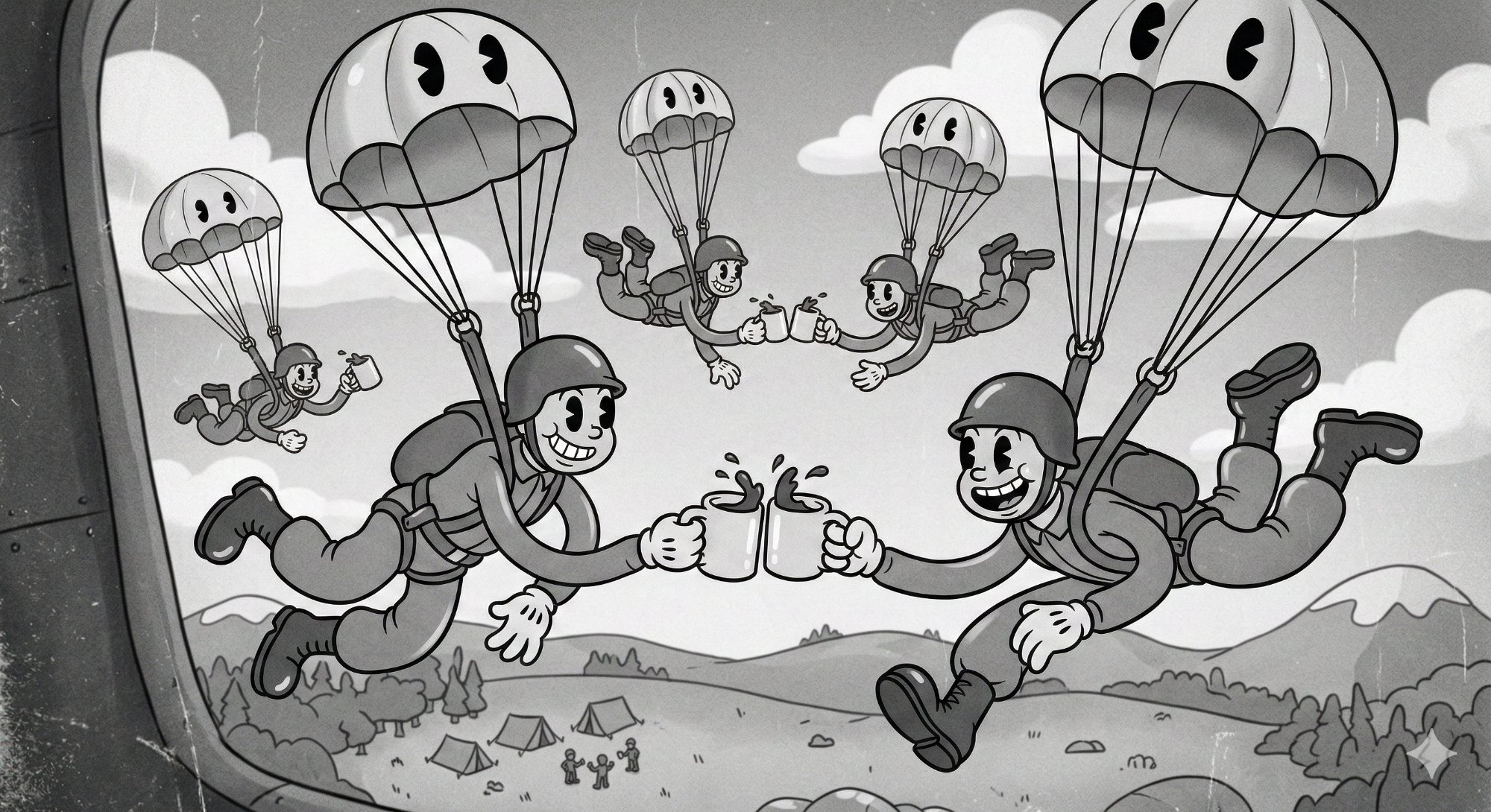 Cartoon paratroopers sharing coffee mid-air